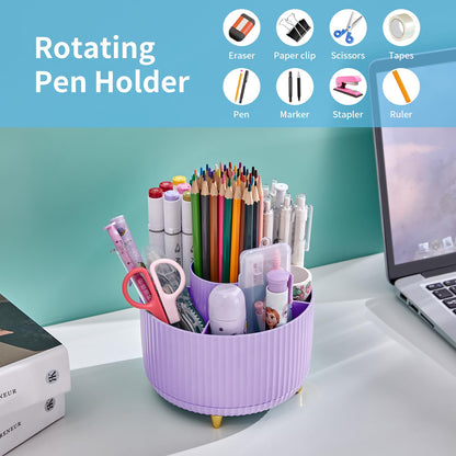 Desk Organizer, 360-Degree Rotating Pen Holder, Desk Organizers and Accessories with 5 Compartments Pencil Organizer, Art Supply Storage Box Caddy for Office, Home(Pink/Purple Random)