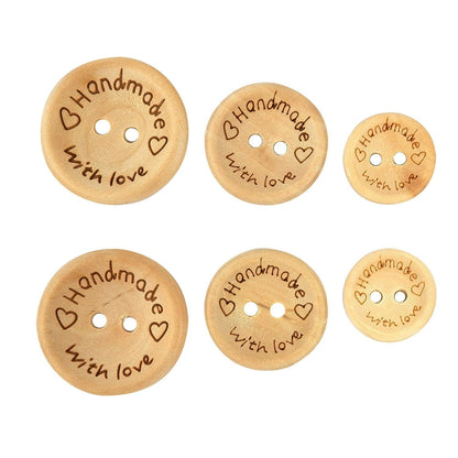 Handmade with Love Buttons - 150 Pcs Round Wooden Craft Decor Buttons, 2 Holes for 15mm/20mm/25mm Sewing