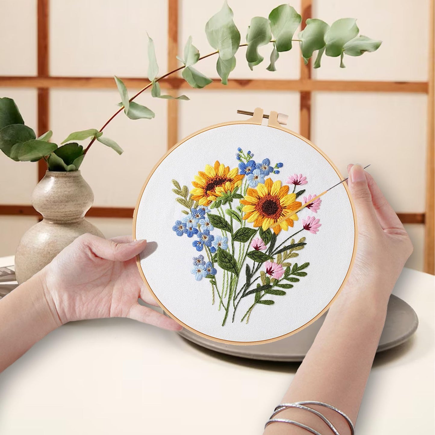 3 Sets Embroidery Kit for Beginners Cross Stitch Kits Needlepoint Kits Crafts for Adults with 3 Embroidery Hoops Easy-to-Follow Operating Instructions,Needle Point Kits with Flowers Patterns