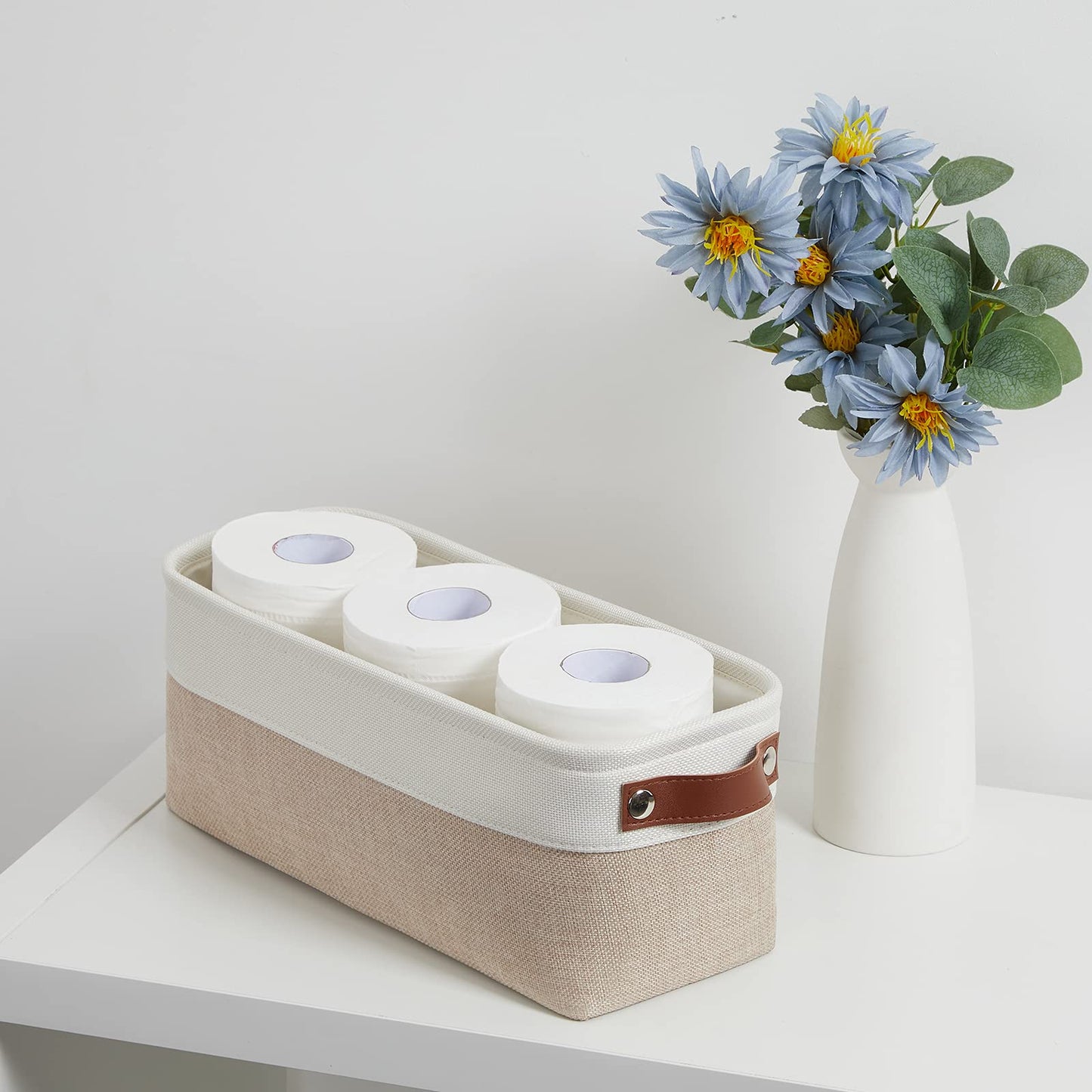 2-Pack Bathroom Baskets for Toilet, Small Storage Bins for Organizing Closets, Cabinets, Shelves, Canvas Fabric Storage Basket Bins With Leather Handles for Empty Gift Basket (White&Khaki)