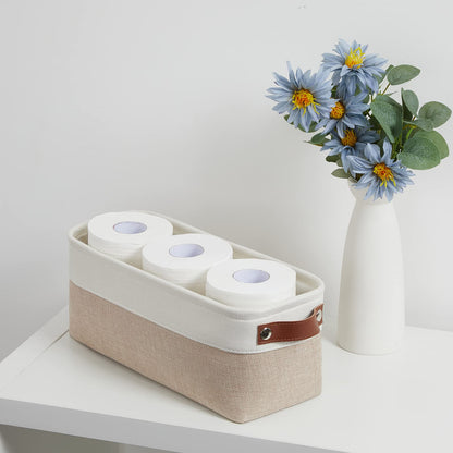 2-Pack Bathroom Baskets for Toilet, Small Storage Bins for Organizing Closets, Cabinets, Shelves, Canvas Fabric Storage Basket Bins With Leather Handles for Empty Gift Basket (White&Khaki)