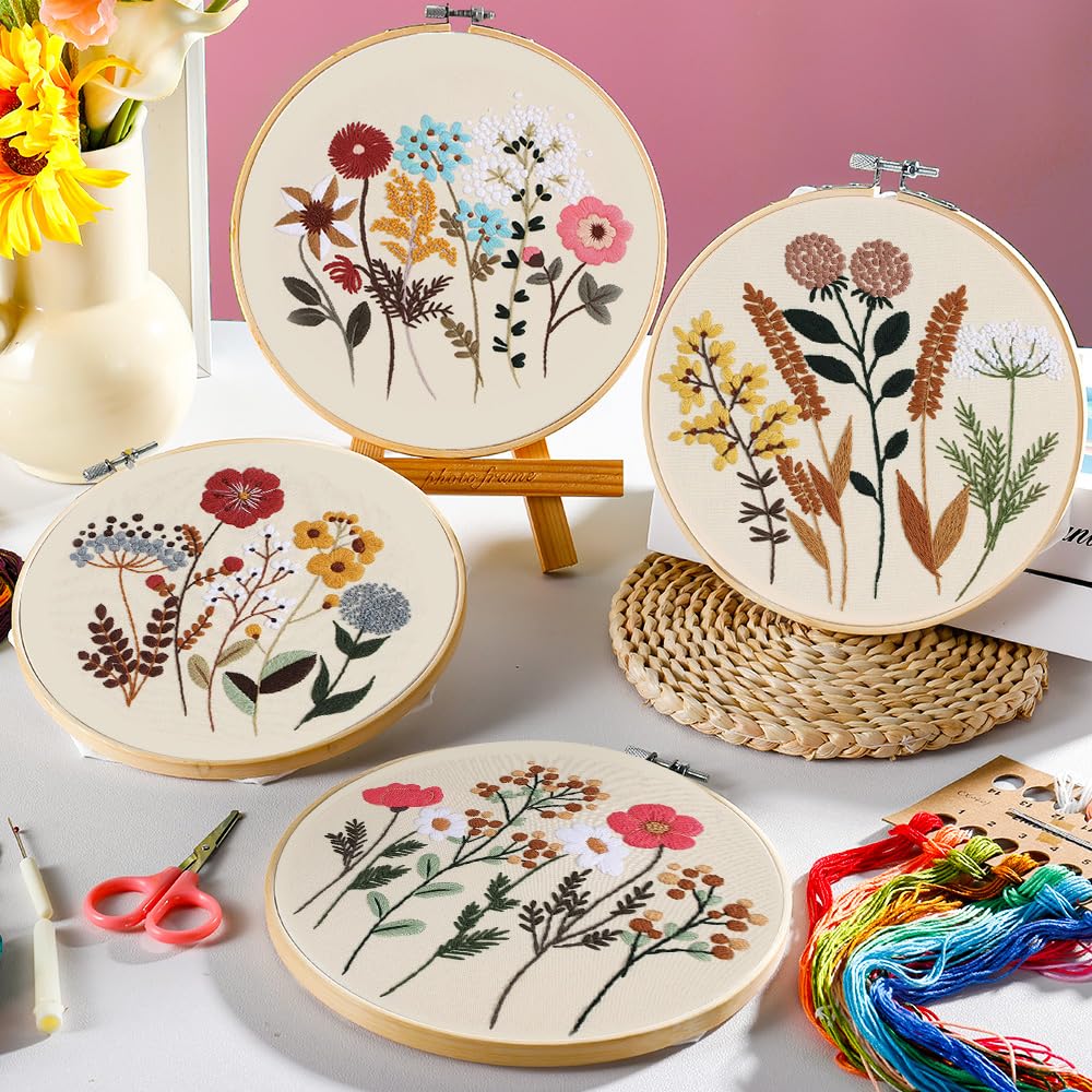 Embroidery Kit, 4 Sets Cross Stitch Kits for Beginners with Stamped Flower Pattern, Starter Kits for Adults Hand Craft Lover with Embroidery Hoop, Instructions and Threads
