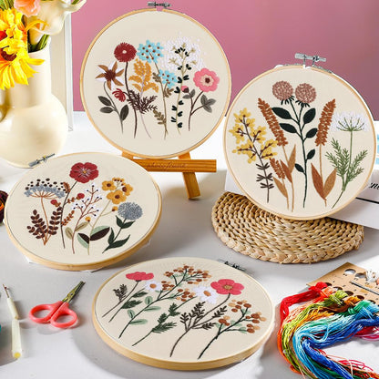 Embroidery Kit, 4 Sets Cross Stitch Kits for Beginners with Stamped Flower Pattern, Starter Kits for Adults Hand Craft Lover with Embroidery Hoop, Instructions and Threads