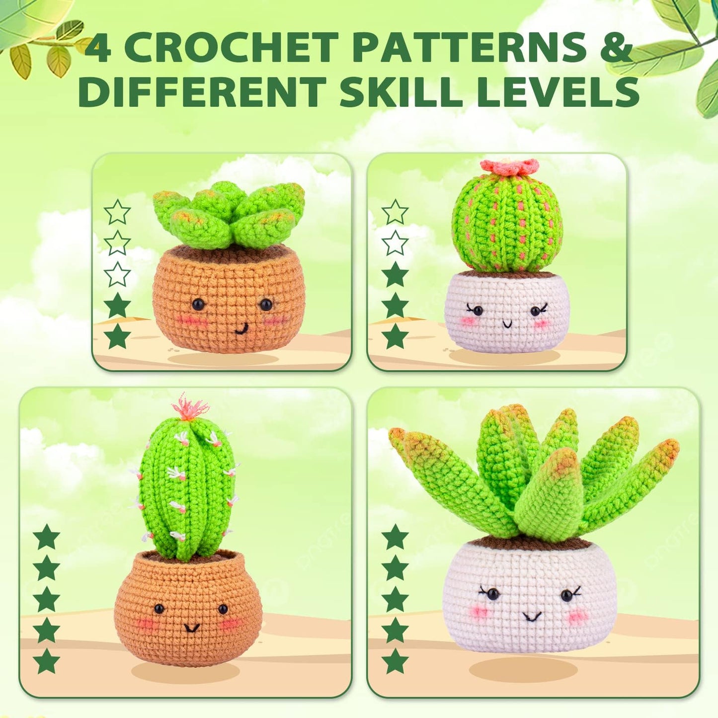 Crochet Kit for Beginners - Crochet Starter Kit with Step-by-Step Video Tutorials, Learn to Crochet Kits for Adults and Kids, DIY Knitting Supplies, 4 Pack Plants Family(40%+ Yarn)