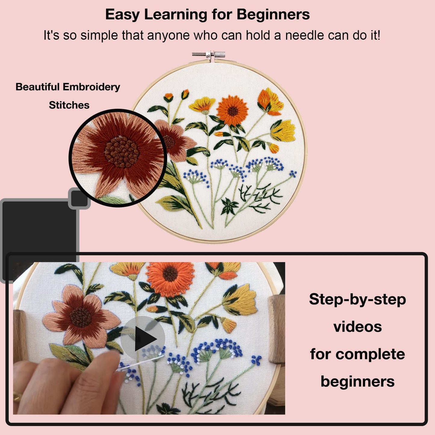 4 Sets Embroidery Kit for Beginners with Stitch Video, Flower Cross Stitch Kits for Adults, Starter, Hand Craft Lover Practice with Floral Stamped Pattern, 2 Hoops, 16 Needles, Scissors, Tools