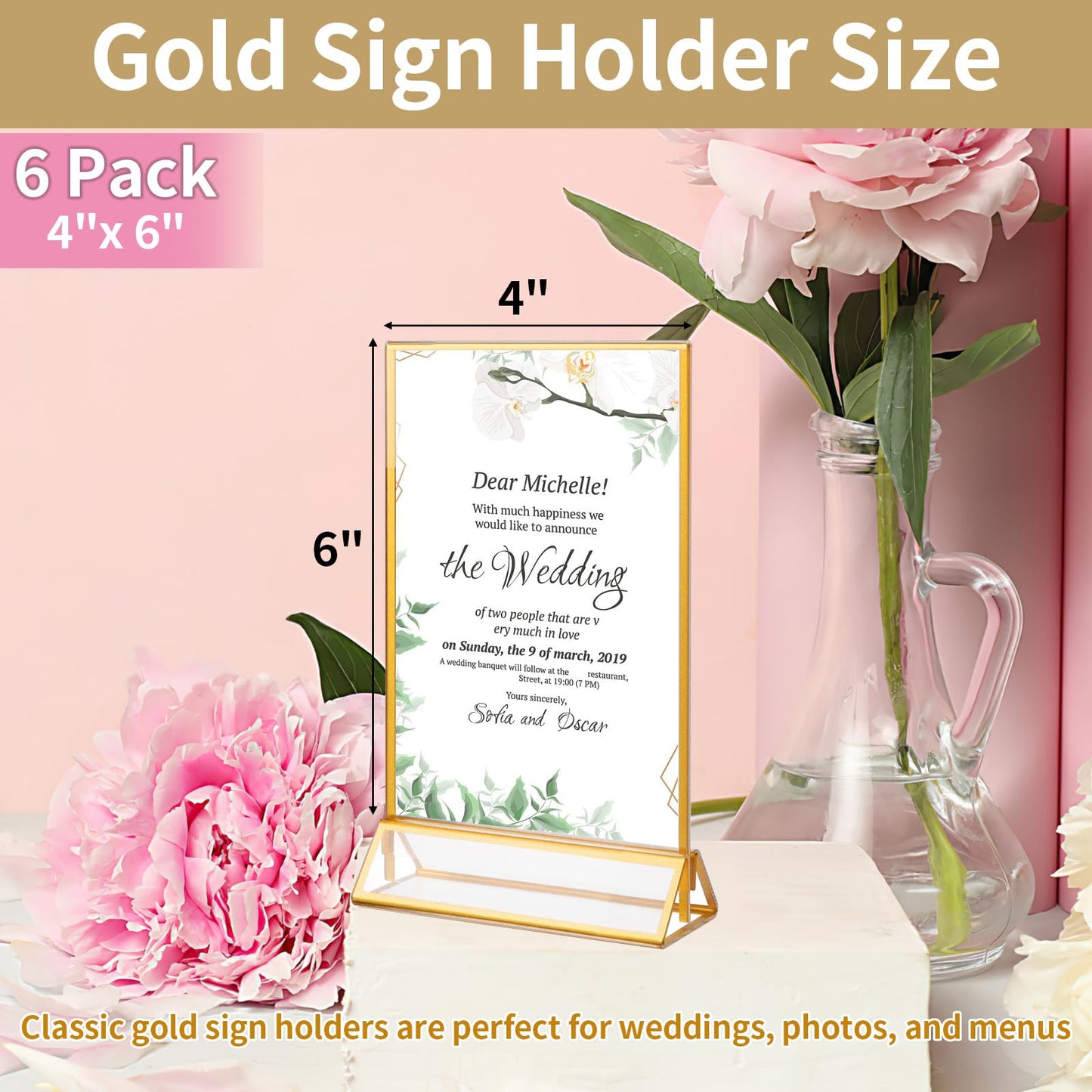 Gold Acrylic Sign Holder 4X6 inch, 6 Pack Wedding Table Number Frames Vertical , Double Sided Display Gold Picture Frame, Clear Menu Holders for Wedding Reception, Party Decoration