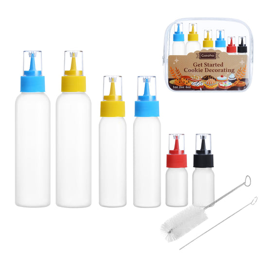 Cookie Icing Bottles, 6 Squeeze Applicator Bottles, 2 each (1, 2 and 4 ounces), Royal Icing Tools, Cake Sugar Cookie Decorating Supplies, Food Coloring, Frosting, Pancake Arts and Crafts Kit