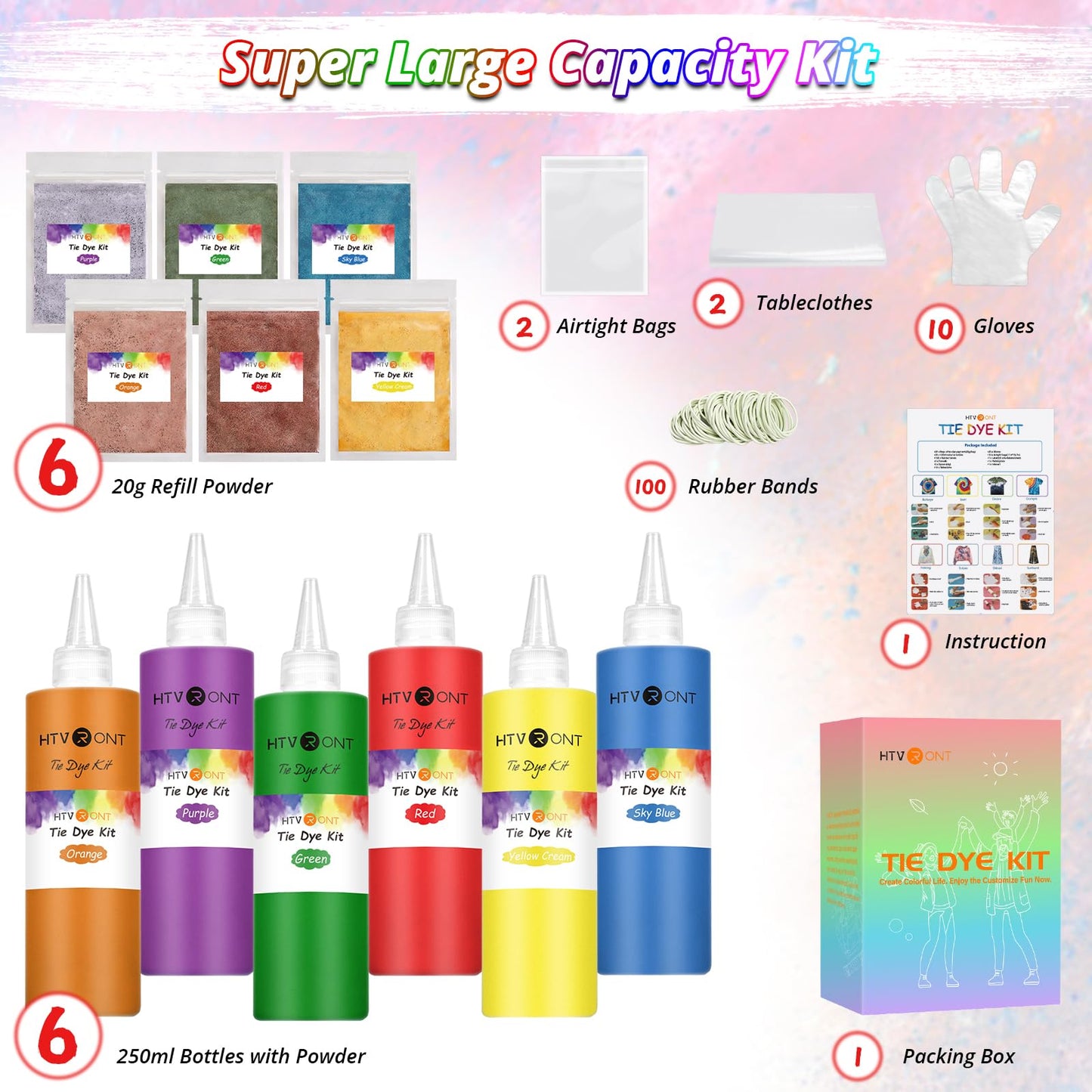 Large Tie Dye Kit - 16.9 oz Tye Dye Kit Pre-Filled Easy Squeeze Bottles & Refills Powder, 6 Vibrant Colors Permanent Non-Toxic Tie Dye Kit for Large Groups Kids Adults Party Activity