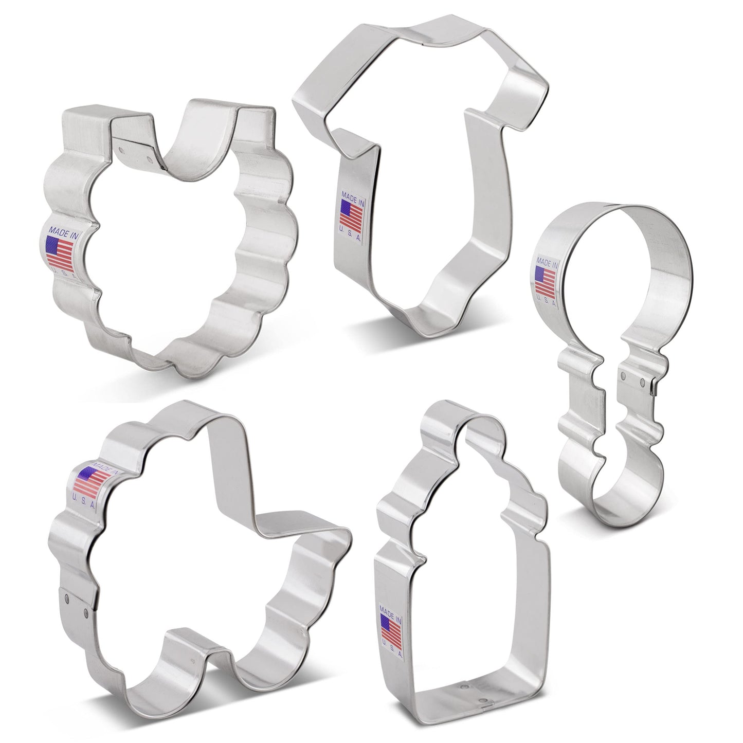 Baby Shower Cookie Cutters 5-Pc. Set Made in the USA by Ann Clark, Onesie, Bib, Rattle, Baby Bottle, Baby Carriage