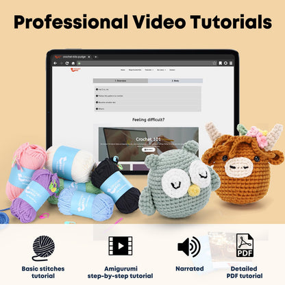 Crochet Box Crochet Kit for Beginner, Highland Cow and Owl Learn How to Crochet Stuffed Animals Gift for Adults and Kids(12+), Knitting Set with Yarn Hook Stitch-by-Stitch Video Tutorial