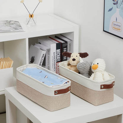 2-Pack Bathroom Baskets for Toilet, Small Storage Bins for Organizing Closets, Cabinets, Shelves, Canvas Fabric Storage Basket Bins With Leather Handles for Empty Gift Basket (White&Khaki)