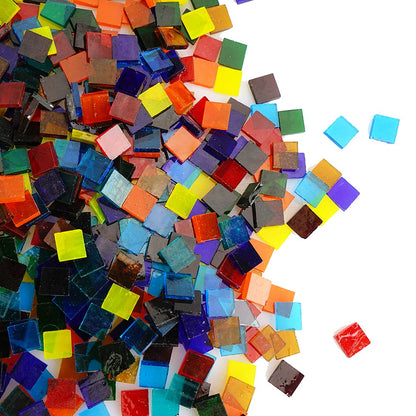 Transparent Square Glass Mosaic Tiles Pieces Stained Glass for Crafts, Mixed Colors and Patterns, 500g/1.1lb