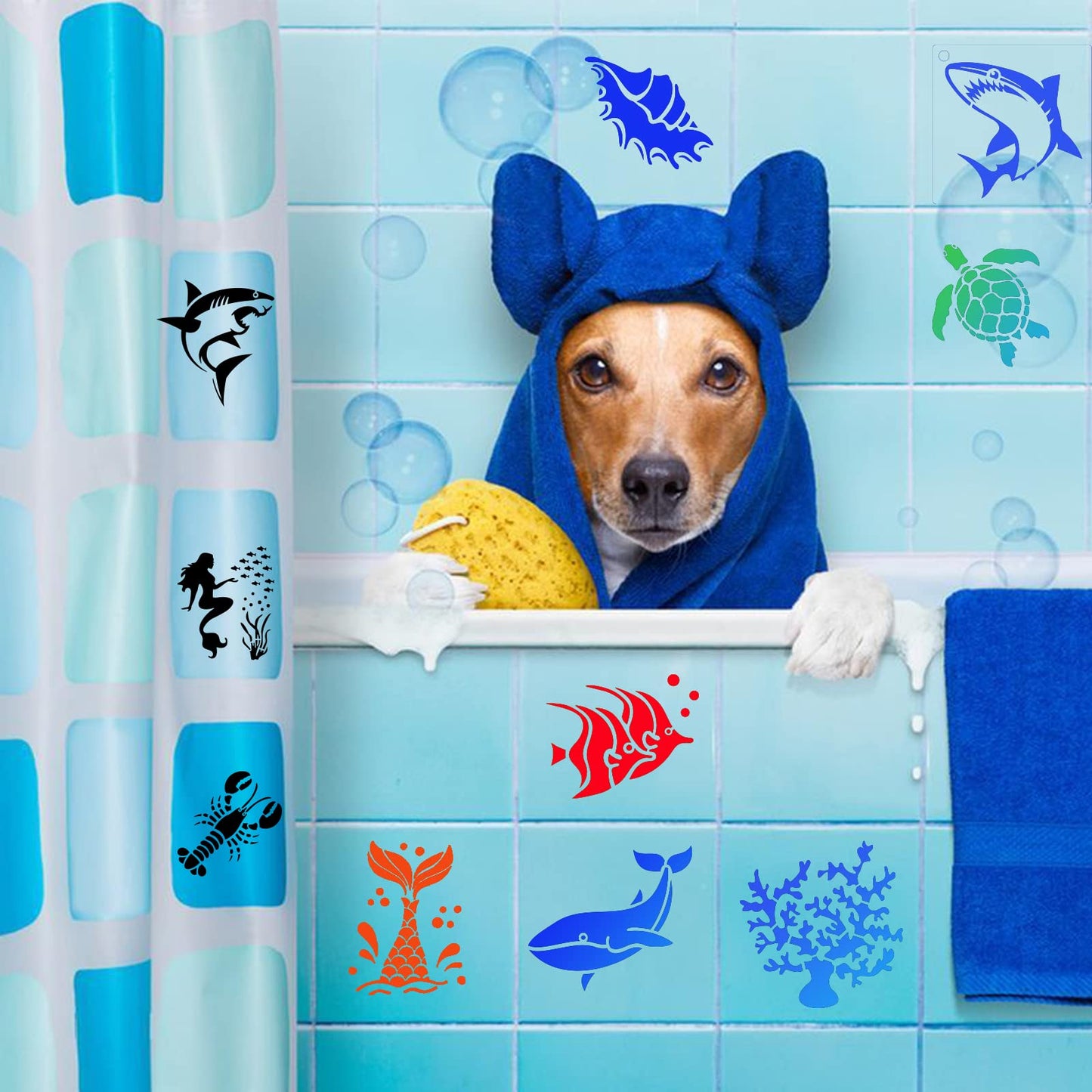 80 Pcs 3 x 3 Inch Stencils for Painting on Wood, Reusable Sea Ocean Creatures Mermaid Dolphin Shark Plastic Stencils DIY Craft Paint Template Set for Wall Home Decor