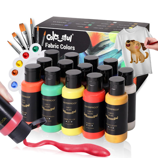 Permanent Fabric Paint, 14 Colors Soft Fabric Paint in Bottles (30ml/1oz) with Brushes, Palette, Non-Toxic Textile Paint for Creative DIY Clothes, T-Shirts, Shoes Art and Crafts