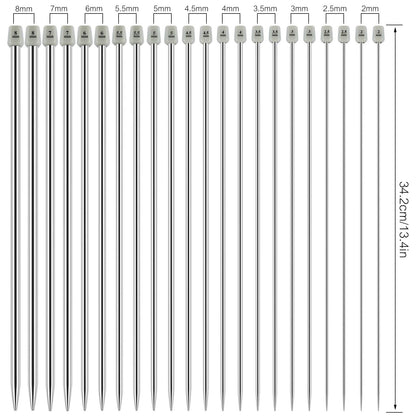 22 Pcs Knitting Needles Set, 14 Inches Stainless Steel Straight Single Pointed Knitting Needle Kit Metal Knitting Kit in Different Sizes 2.0mm to 8.0mm, with Gift Organizer Bag, 11 Pairs