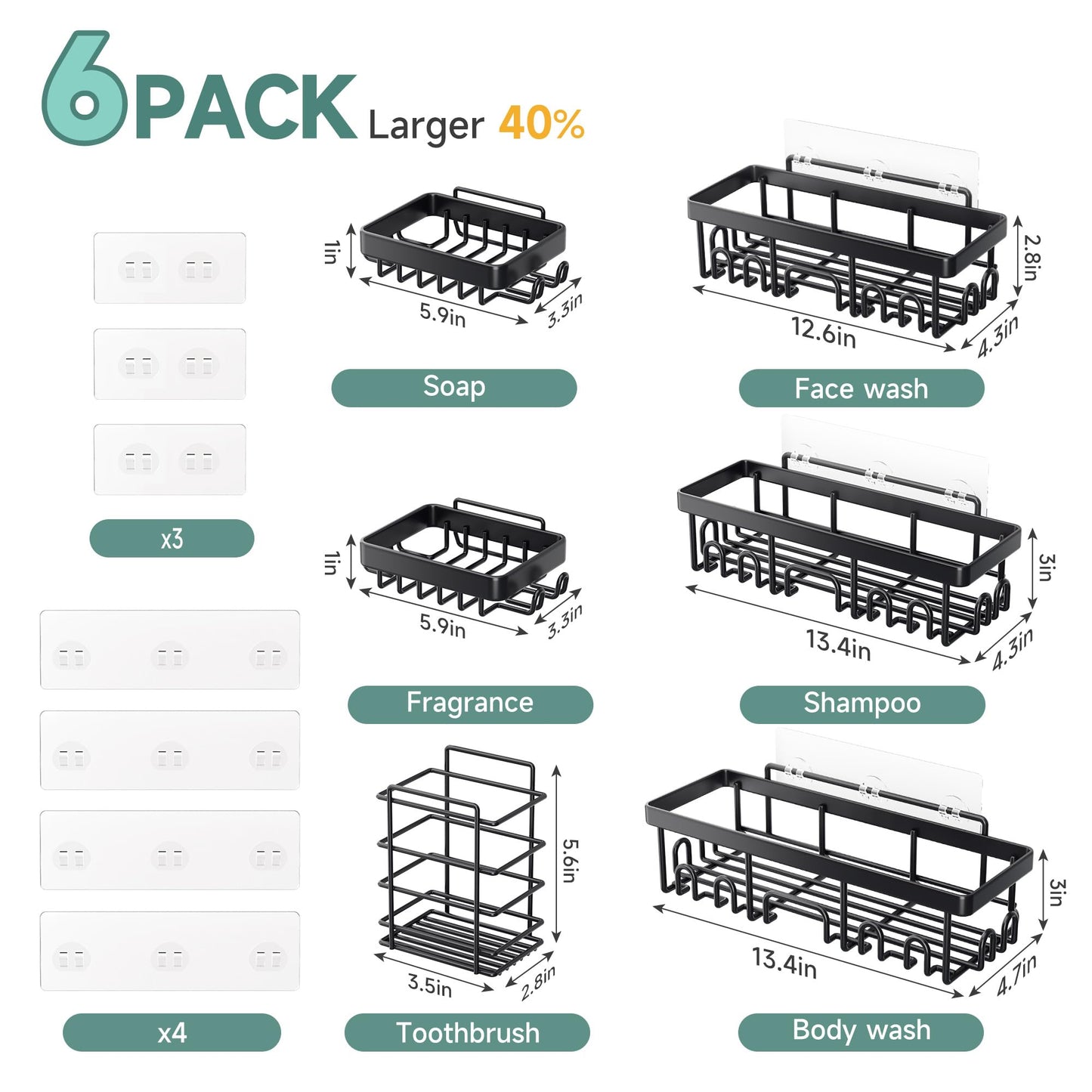Stainless Steel Shower Caddy 6-Pack, No Drilling & Rustproof, Waterproof Adhesive Shelves Rack with Soap Holder, Large Capacity Bathroom Organizers and Storage, Wall-Mounted Kitchen & Home Decor