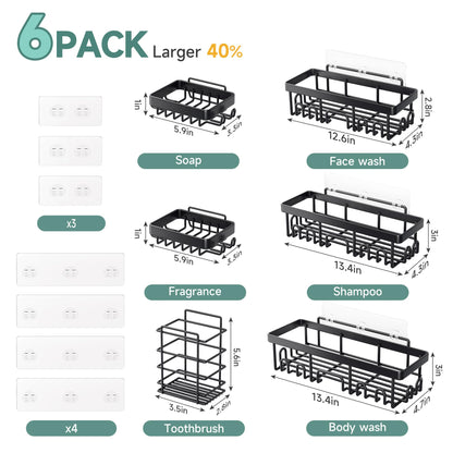 Stainless Steel Shower Caddy 6-Pack, No Drilling & Rustproof, Waterproof Adhesive Shelves Rack with Soap Holder, Large Capacity Bathroom Organizers and Storage, Wall-Mounted Kitchen & Home Decor