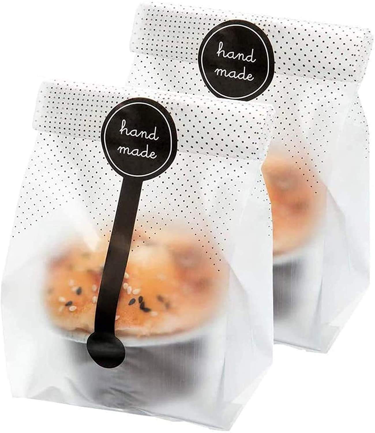 (200Pcs)100pcs Translucent Plastic Bags/Cellophane Bags with 100pcs Hand made Stickers for Cookie Cake Chocolate Candy Snack Wrapping Good for Bakery Party Supplies