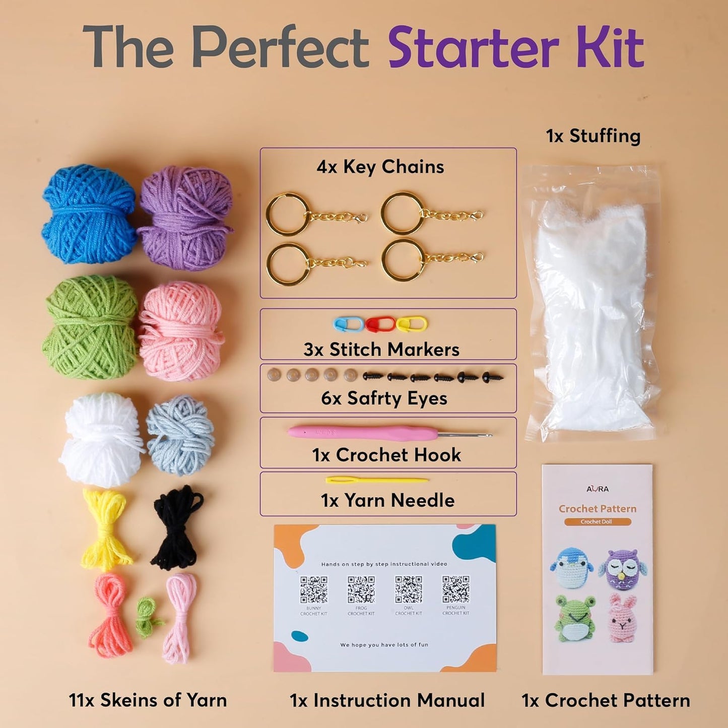 Learn to Crochet Kit for Beginners Kids and Adults, 4 Pattern Beginner Crochet Animal kit with Step-by-Step Video Tutorials (Forest Friends–Standard Size)