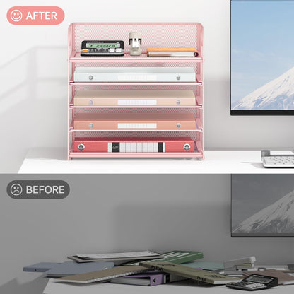 5 Tray Paper Organizer Letter Tray with Handle - Mesh Desk File Organizer, Paper Sorter Organizer for Office, Home or School File Folder Holder - Pink