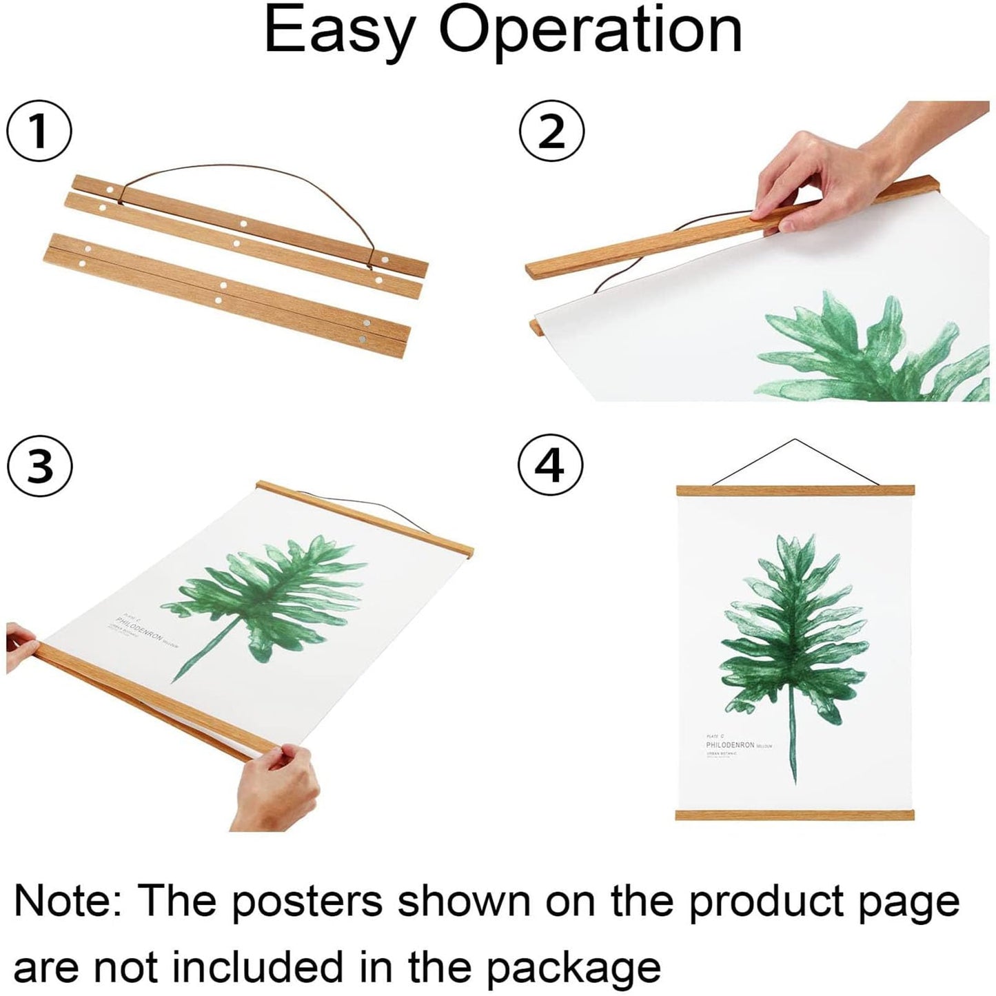 3 Pack Magnetic Poster Hanger Frame, Teak Wood Magnet Poster Frame for Posters, Prints, Photos, Pictures, Maps, Scrolls, and Canvas Artwork