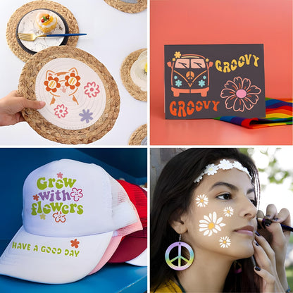 Stencils for Painting, Hippie Style Stencils for Crafts Reusable, 3 Inch Plastic Stencils for Painting on Wood Wall Canvas Fabric, Small Stencils for DIY Project & Home Decor