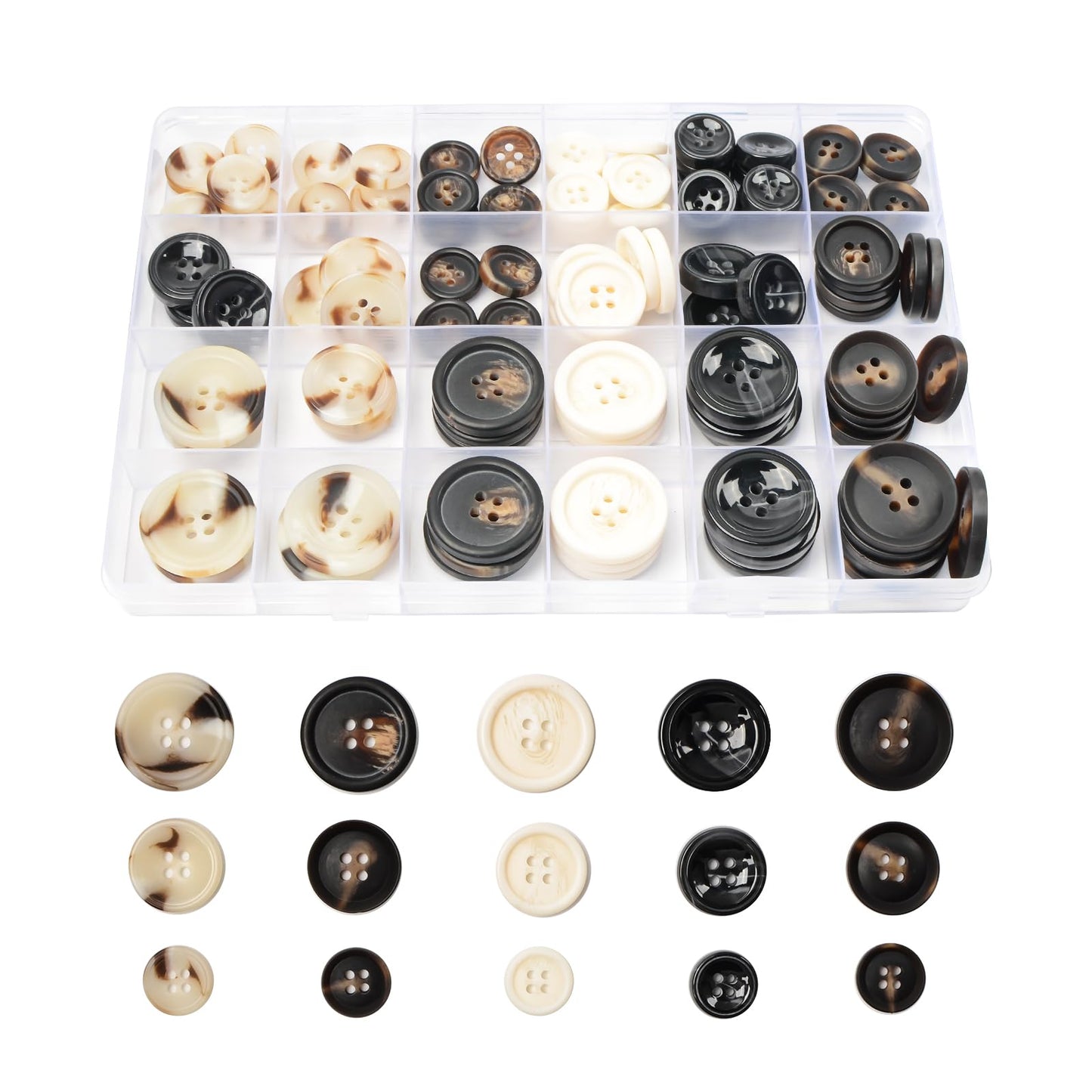 110Pcs Mixed Sewing Buttons, 4-Hole Craft Round Blazer Buttons, 5 Color 3 Size (15mm, 20mm, 25mm) Suit Coats Resin Button, Suitable for Variety Clothing Sewing, DIY Craft (Black & White)