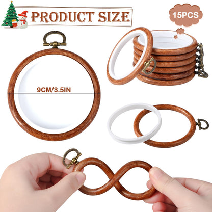 15 Pcs 3 Inch Spring Round Embroidery Hoops Frame Circle Rubber Hoops Ring Display Cross Stitch Ornament Imitated Wood Frame Kits for Mothers's Day Craft Sewing DIY Hanging Gifts