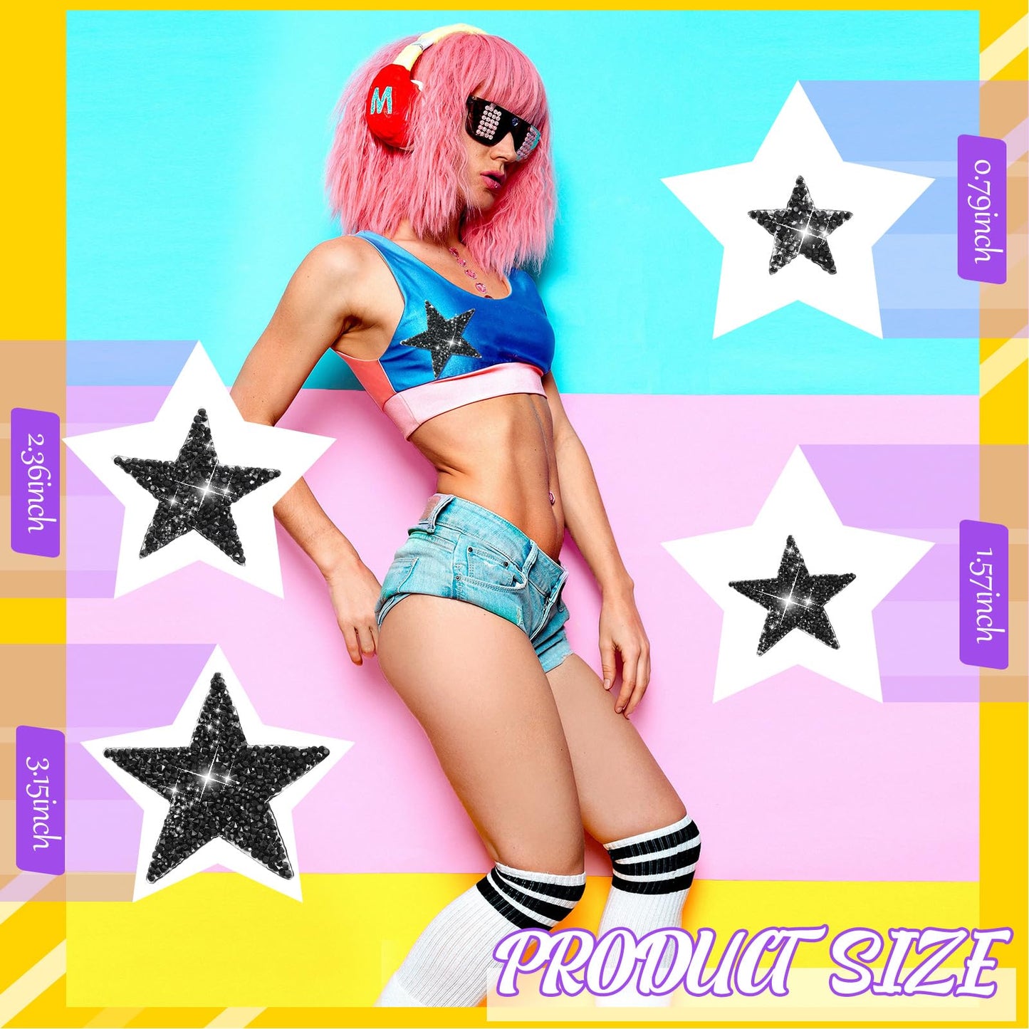 60 Pcs Iron on Star Patches Star Shaped Rhinestone Appliques Adhesive Glitter Patches Rhinestone Appliques Embellishments for DIY(Black Gold)