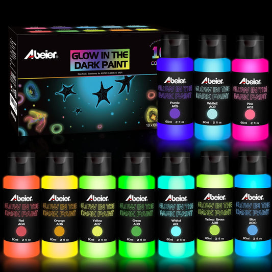 Glow in the Dark Acrylic Paint - 10 Bright Colors (60ml/2oz) Long Lasting Glow Fluorescent Paint for DIY Projects, Halloween, Easter, Christmas Decorations