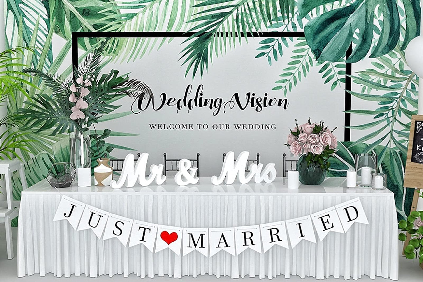Mr and Mrs Sign for Wedding Table,Large White Mr and Mrs Sign,Wooden Letters,Mr & Miss Sign with Just Married Banner Wedding Decorations for Anniversary