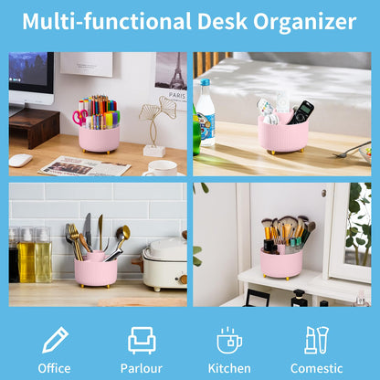Desk Organizer, 360-Degree Rotating Pen Holder, Desk Organizers and Accessories with 5 Compartments Pencil Organizer, Art Supply Storage Box Caddy for Office, Home(Pink/Purple Random)