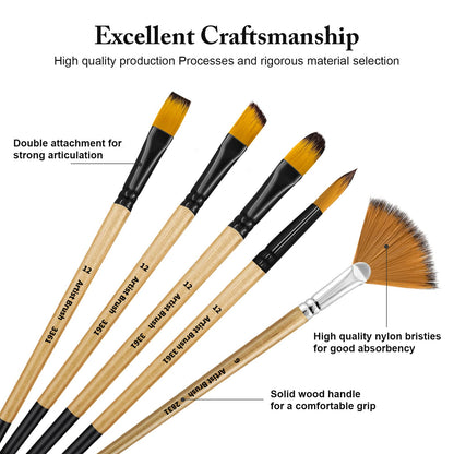 32 Pieces Paint Brush Set, Artist Series, Nylon Bristles with Round, Filbert, Flat, Fan, Angle, Detail Brush, Suitable for Artists and Beginners for Acrylic Painting, Oil, Watercolor, Gouache