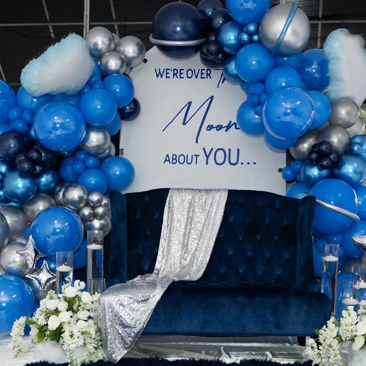 Blue Silver Balloons Set, 12 Inch Dark and Metallic Latex Balloons With Baby Blue Confetti for Birthday, Graduations, Baby Shower