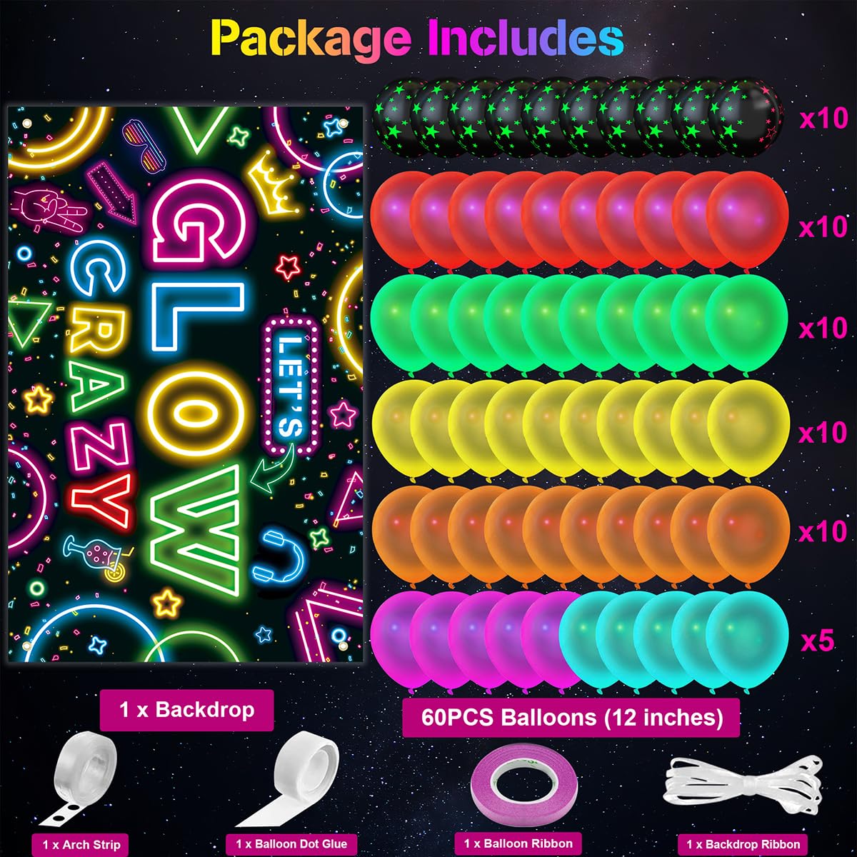 Neon Glow Party Decorations Glow in the Dark Party Supplies 60Pcs UV Blacklight Luminous Neon Balloons Arch Kit and Let's Glow Crazy Decorations Backdrop for Birthday Sleppover Decor