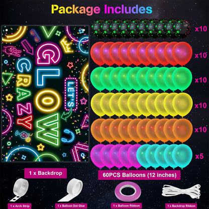 Neon Glow Party Decorations Glow in the Dark Party Supplies 60Pcs UV Blacklight Luminous Neon Balloons Arch Kit and Let's Glow Crazy Decorations Backdrop for Birthday Sleppover Decor