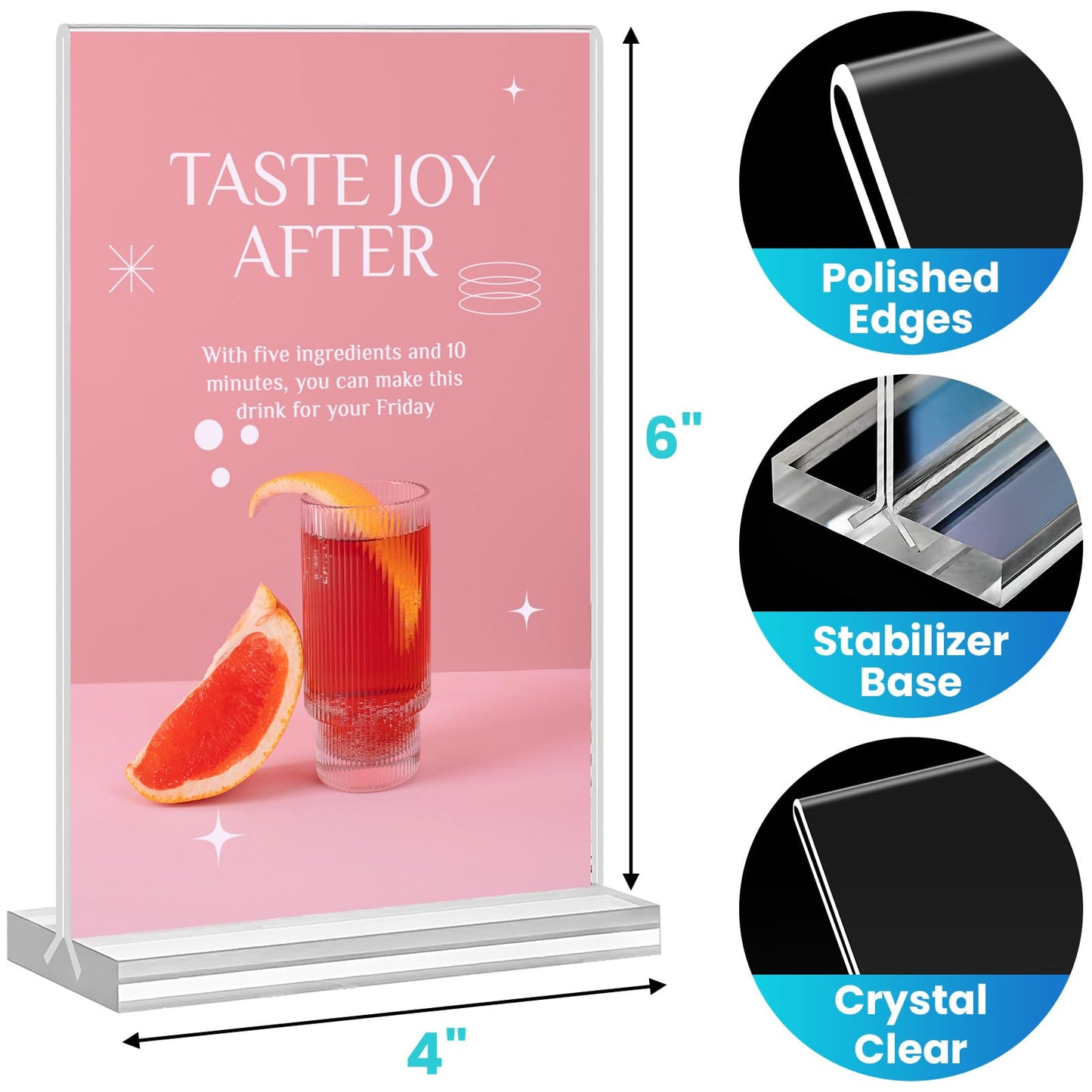 Acrylic Sign Holder 4x6, 15 Pack Clear Double Sided Menu Vertical Display Stand, Desktop Paper Holder Suitable for Restaurants, Office, Store, Show Fair