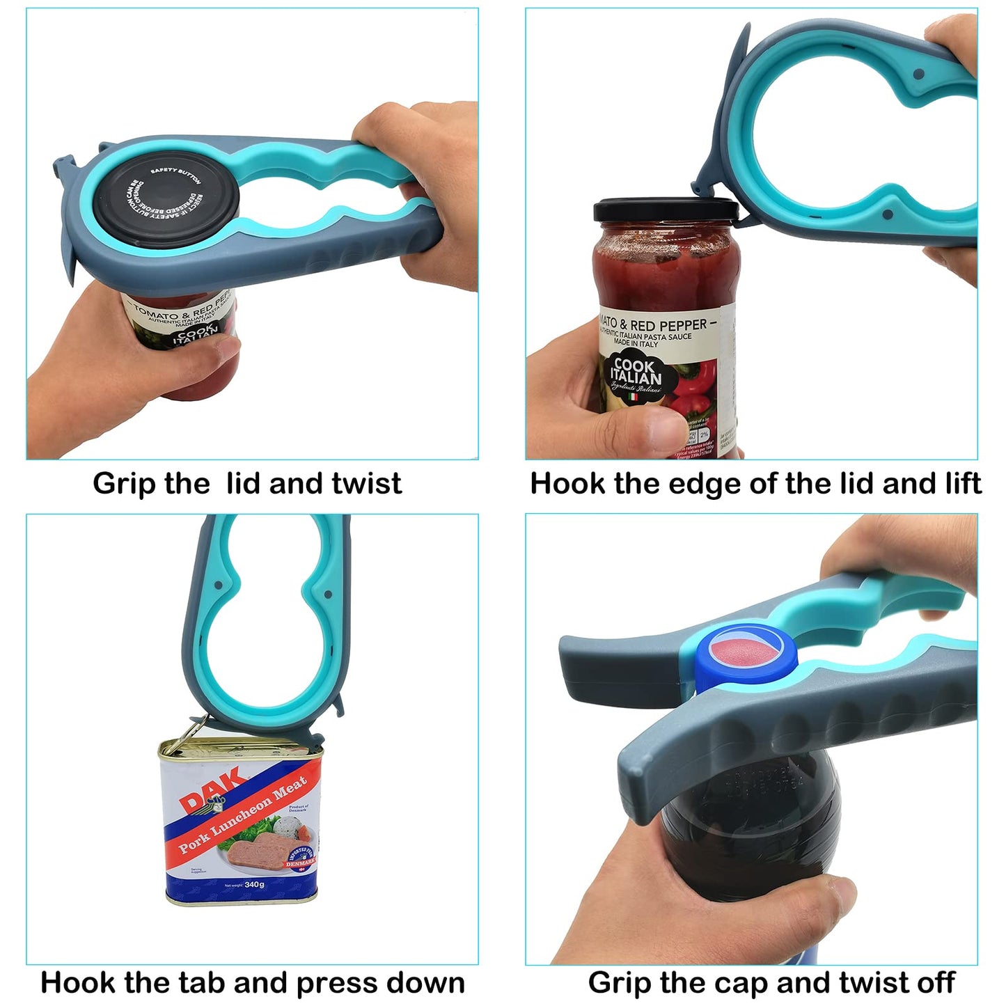 Jar Opener Bottle Opener and Can Opener for Weak hands, Seniors with Arthritis and Anyone with Low Strength, Mutil Jar Opener Get Lids Off Easily (Blue and Grey)
