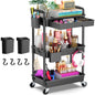 3 Tier Rolling Utility Cart Organizer with Removable Drawer, Stable and Sturdy Black Rolling Storage Carts with 2 Lockable Wheels for Bathroom, Kitchen, Snack, Craft, Makeup, Baby Essentials