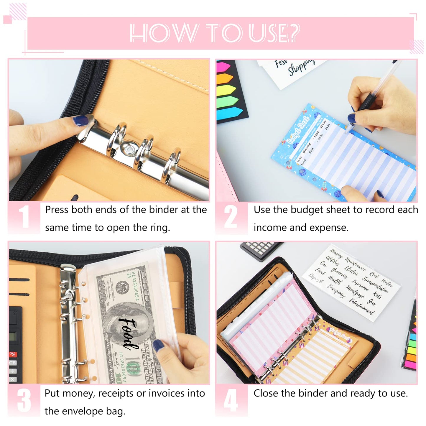 Budget Binder with Zipper Envelopes, Cash Envelopes for Budgeting, A6 PU Leather Budget Planner 2025 with Cash Envelopes Calculator, Bill Money Organizer for Cash Saving Budget System Wallet