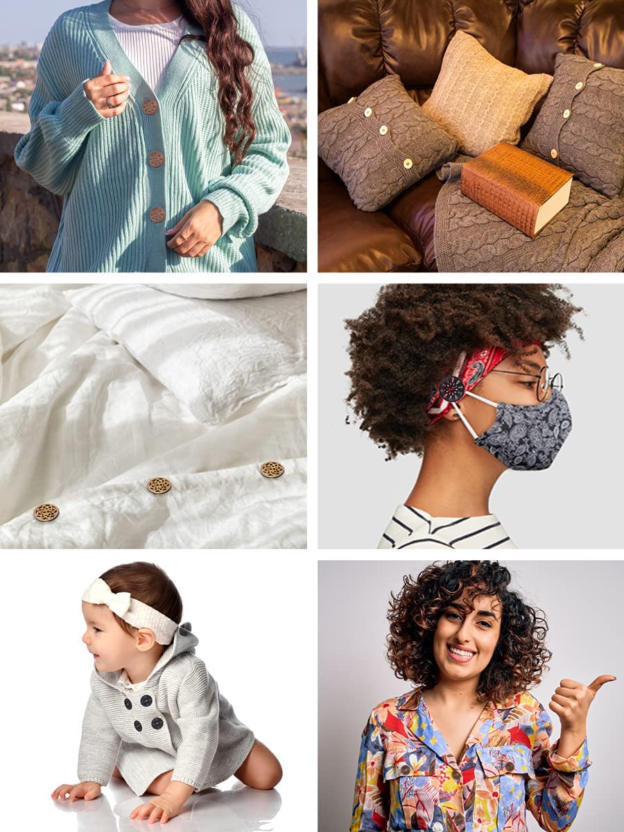 Large Wooden Buttons for Crafts - 100 Assorted Carved Natural Wood Sewing Buttons in Bulk for Clothing, Sweaters, Embellishments, and DIY Decorative Projects