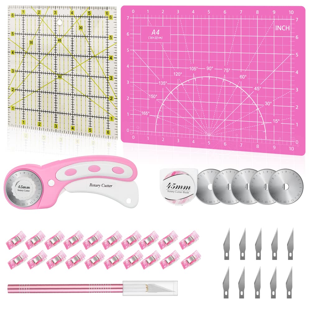 39 Pcs Rotary Cutter Set Pink - Quilting Kit incl. 45mm Fabric Cutter with 5 Extra Blades, A4 Cutting Mat, Craft Knife Set, Quilting Ruler and Sewing Clips, Ideal for Crafting, Sewing, Patchworking
