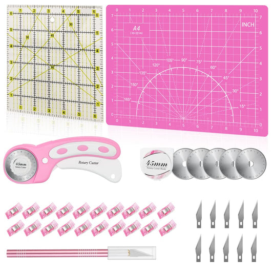 39 Pcs Rotary Cutter Set Pink - Quilting Kit incl. 45mm Fabric Cutter with 5 Extra Blades, A4 Cutting Mat, Craft Knife Set, Quilting Ruler and Sewing Clips, Ideal for Crafting, Sewing, Patchworking