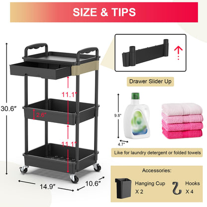 3 Tier Rolling Utility Cart Organizer with Removable Drawer, Stable and Sturdy Black Rolling Storage Carts with 2 Lockable Wheels for Bathroom, Kitchen, Snack, Craft, Makeup, Baby Essentials