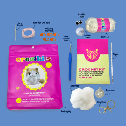 Crochet Kit for Beginners – Kitten | DIY Crochet Animal Kit with Step-by-Step Video – Craft Set for Adults & Kids – Includes Yarn, Hook, Tools & Instructions
