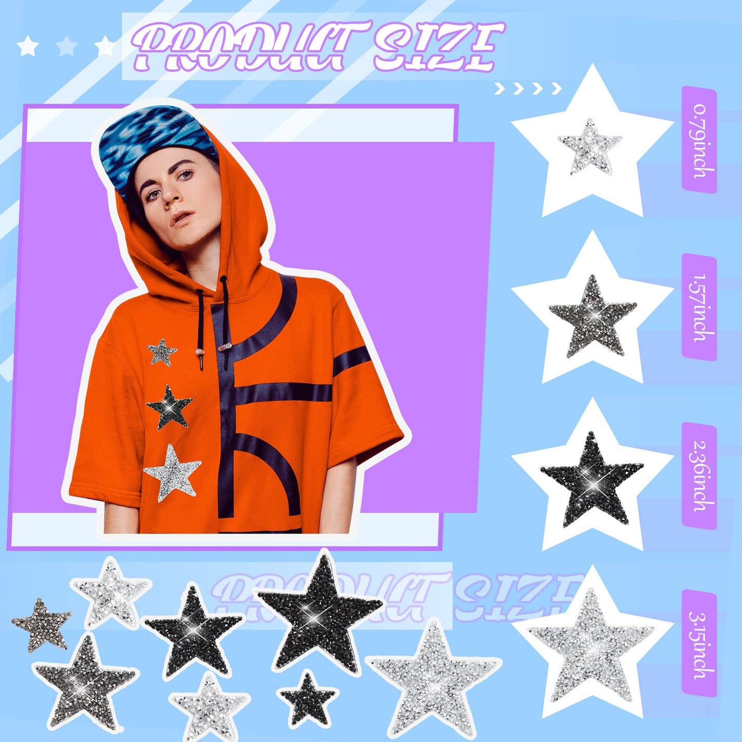 60 Pcs Iron on Star Patches Star Shaped Rhinestone Appliques Adhesive Glitter Patches Rhinestone Appliques Embellishments for DIY(Black, Gray)