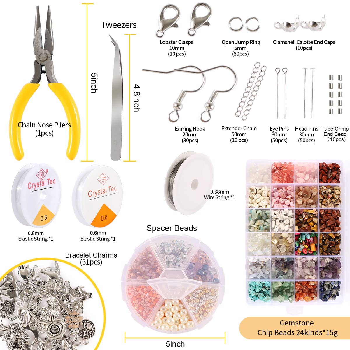 Crystal Beads for Jewelry Making, 2800PCS Natural Crystal Bead Gemstone Chip Beads for Earring Ring Making Kit with Spacer Beads Earring Hooks Pendants Charms Wire String for DIY Bracelets Beading Kit