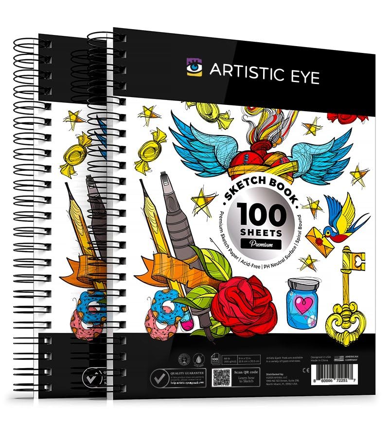 Artisto 9x12 Premium Sketch Book Set, Spiral Bound, Pack of 2, 200 Sheets (100g/m2), Acid-Free Drawing Paper, Ideal for Kids, Teens & Adults.