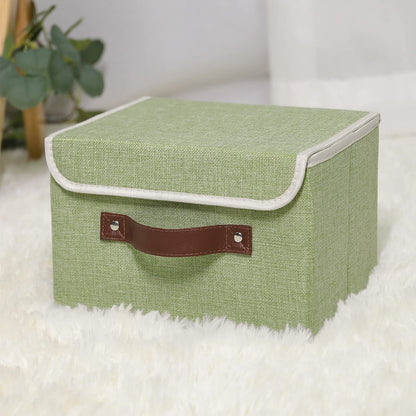 Storage Bin with Lid Storage Boxes with PU Leather Handles PP Plastic Board Decorative Foldable Lidded Cotton Linen Fabric Home Cubes Baskets Closet Organizer Container - Green, Small Size