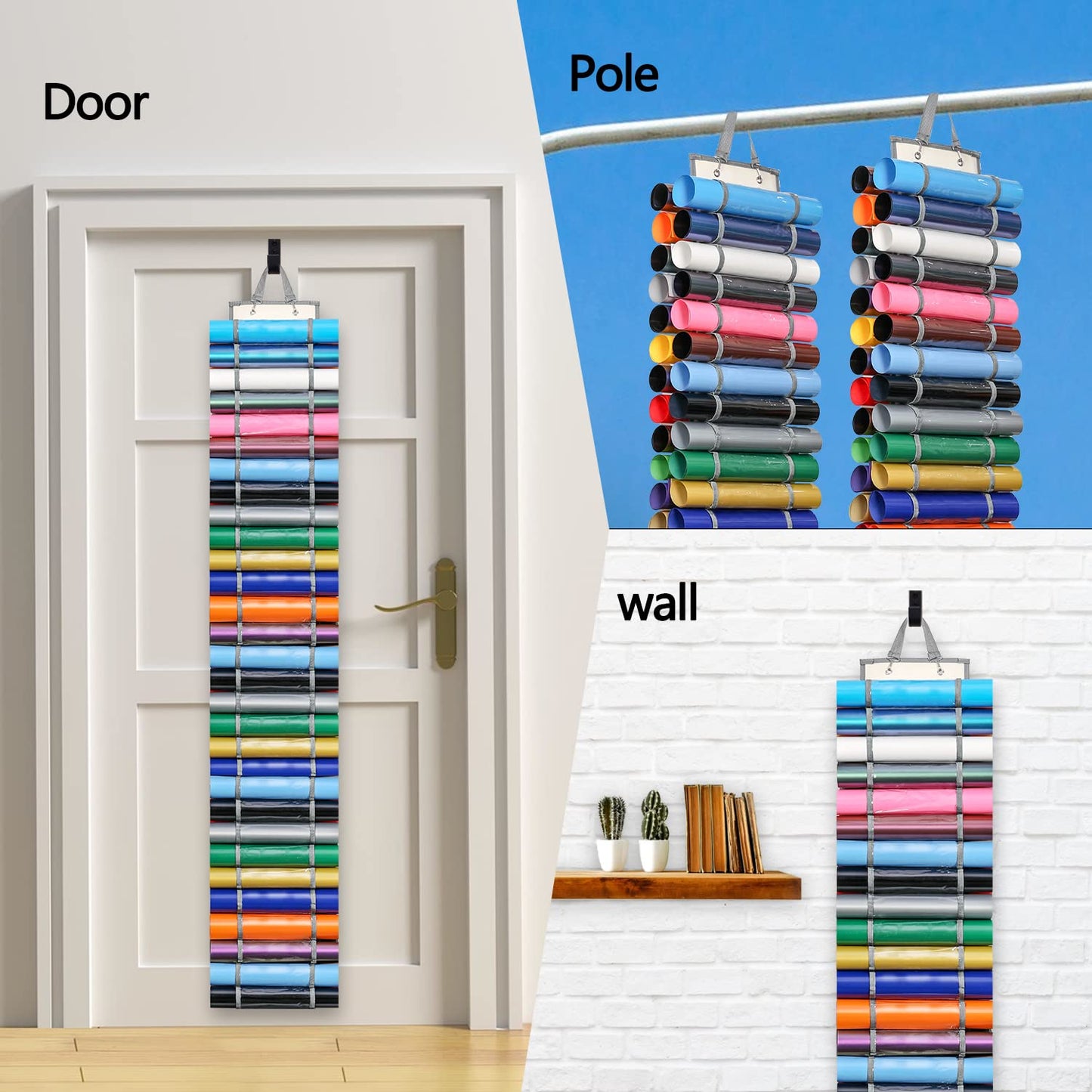 Vinyl Roll Holder with 60 Compartments and Keeper Door Hooks Strap, Clear Organizers Wall Mount for Home Craft Closet (Grey)